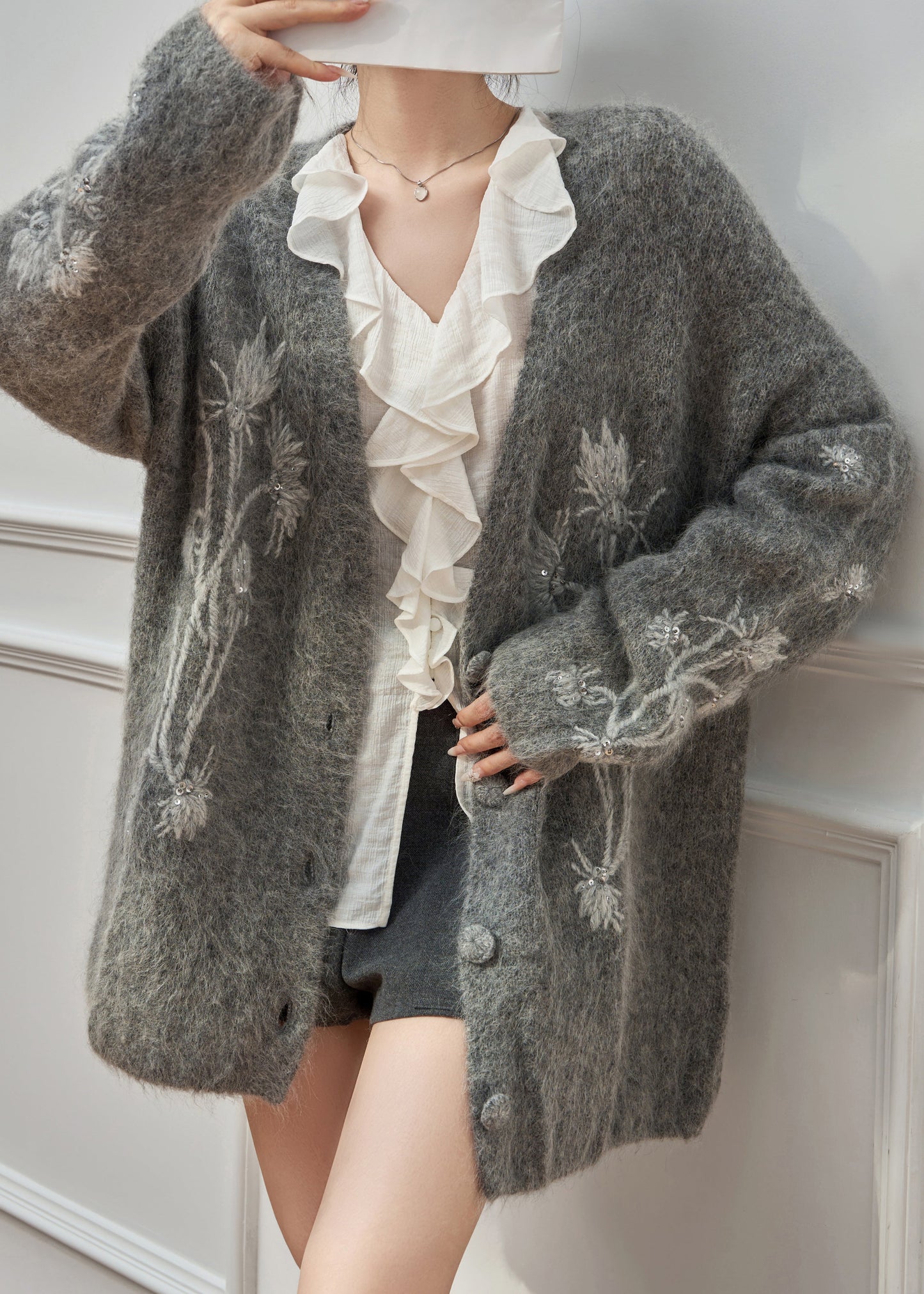 Grey V Neck Embroidered Cotton Knit Cardigan Spring