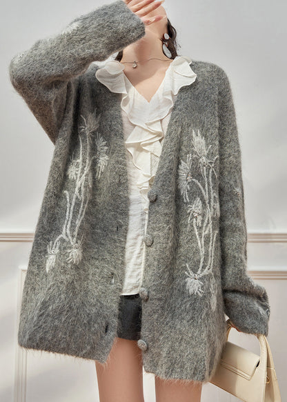 Grey V Neck Embroidered Cotton Knit Cardigan Spring