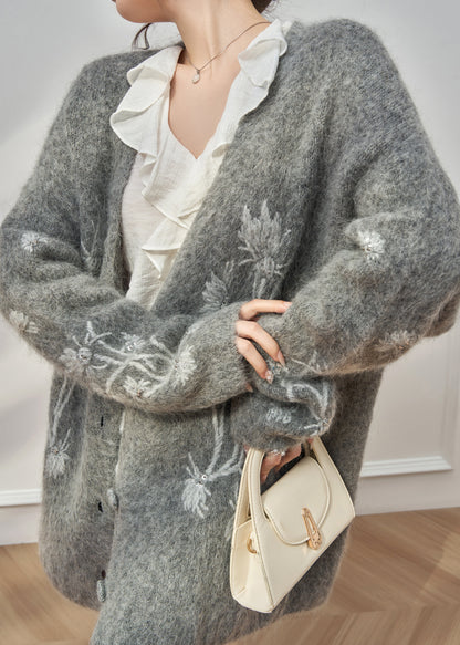 Grey V Neck Embroidered Cotton Knit Cardigan Spring