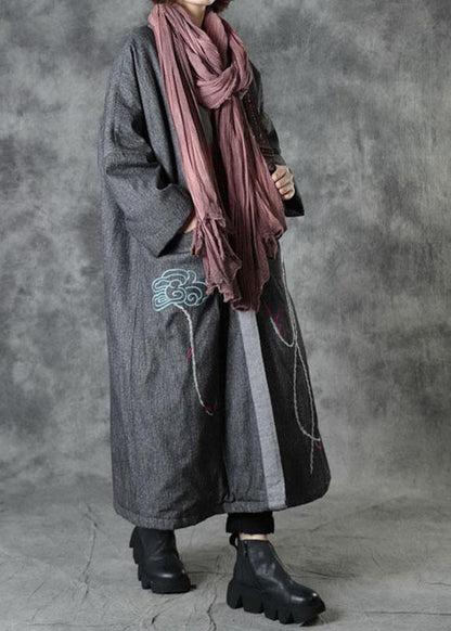 Grey V Neck Embroideried Pockets Winter Cotton Coats Long Sleeve