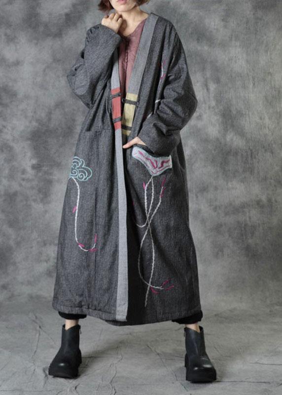Grey V Neck Embroideried Pockets Winter Cotton Coats Long Sleeve