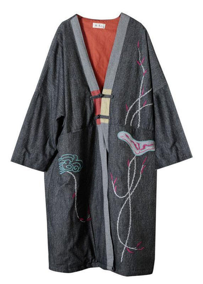 Grey V Neck Embroideried Pockets Winter Cotton Coats Long Sleeve