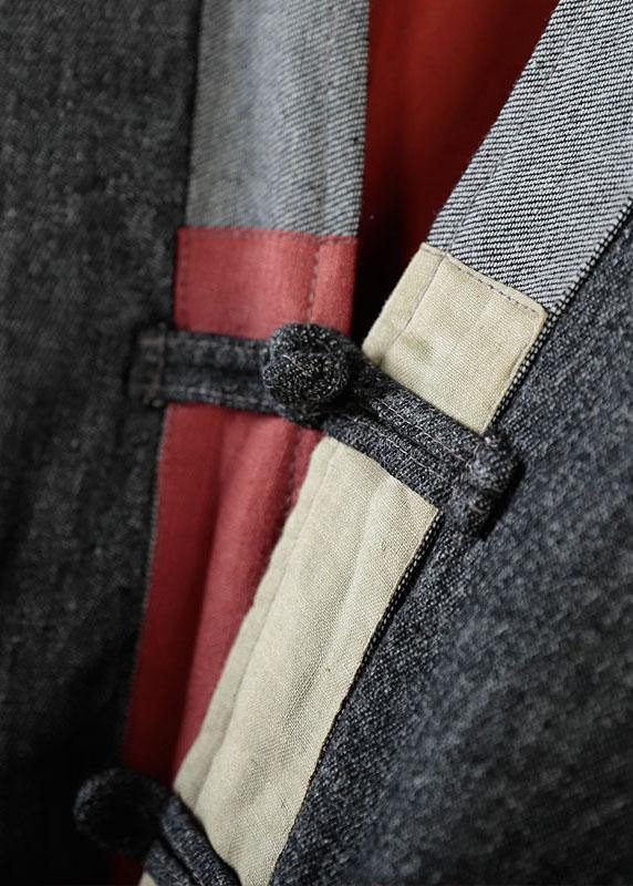 Grey V Neck Embroideried Pockets Winter Cotton Coats Long Sleeve