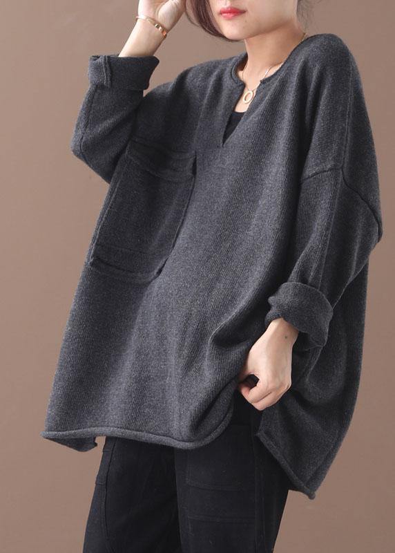 Grey V Neck Fall Knit Top