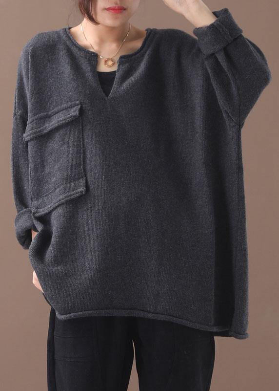 Grey V Neck Fall Knit Top