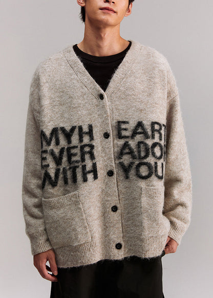 Grey V Neck Letter Pockets Knit Coat Spring