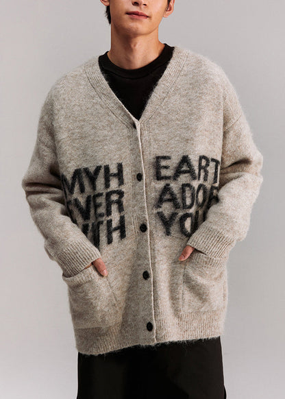 Grey V Neck Letter Pockets Knit Coat Spring