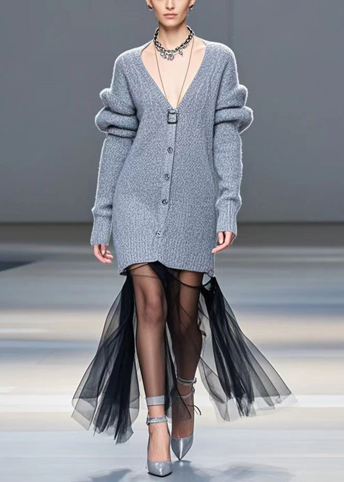 Grey V Neck Patchwork Tulle Long Sweater Winter