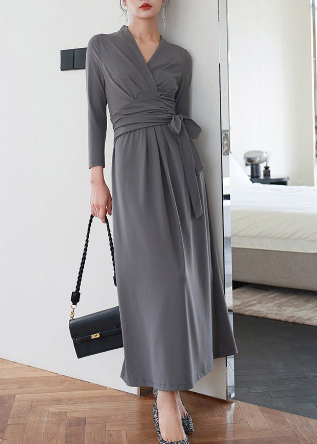 Grey V Neck Holiday Long Dress Three Quarter Sleeve