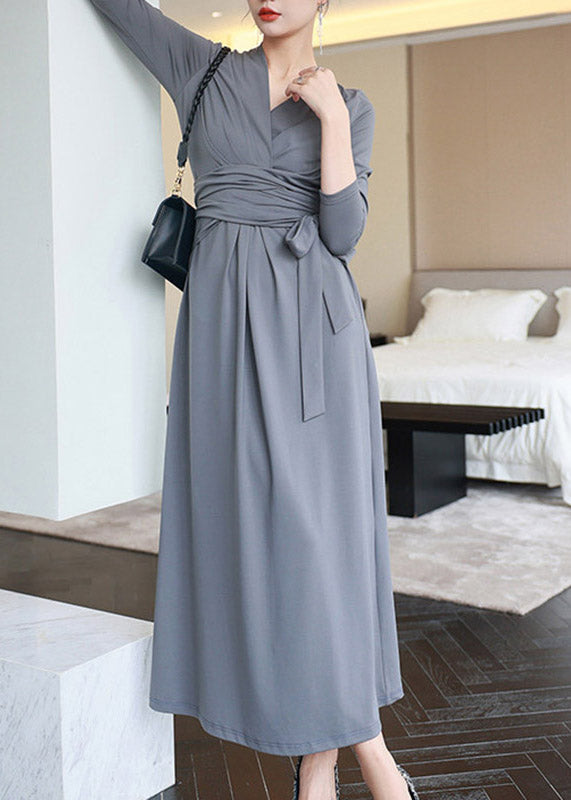 Grey V Neck Holiday Long Dress Three Quarter Sleeve