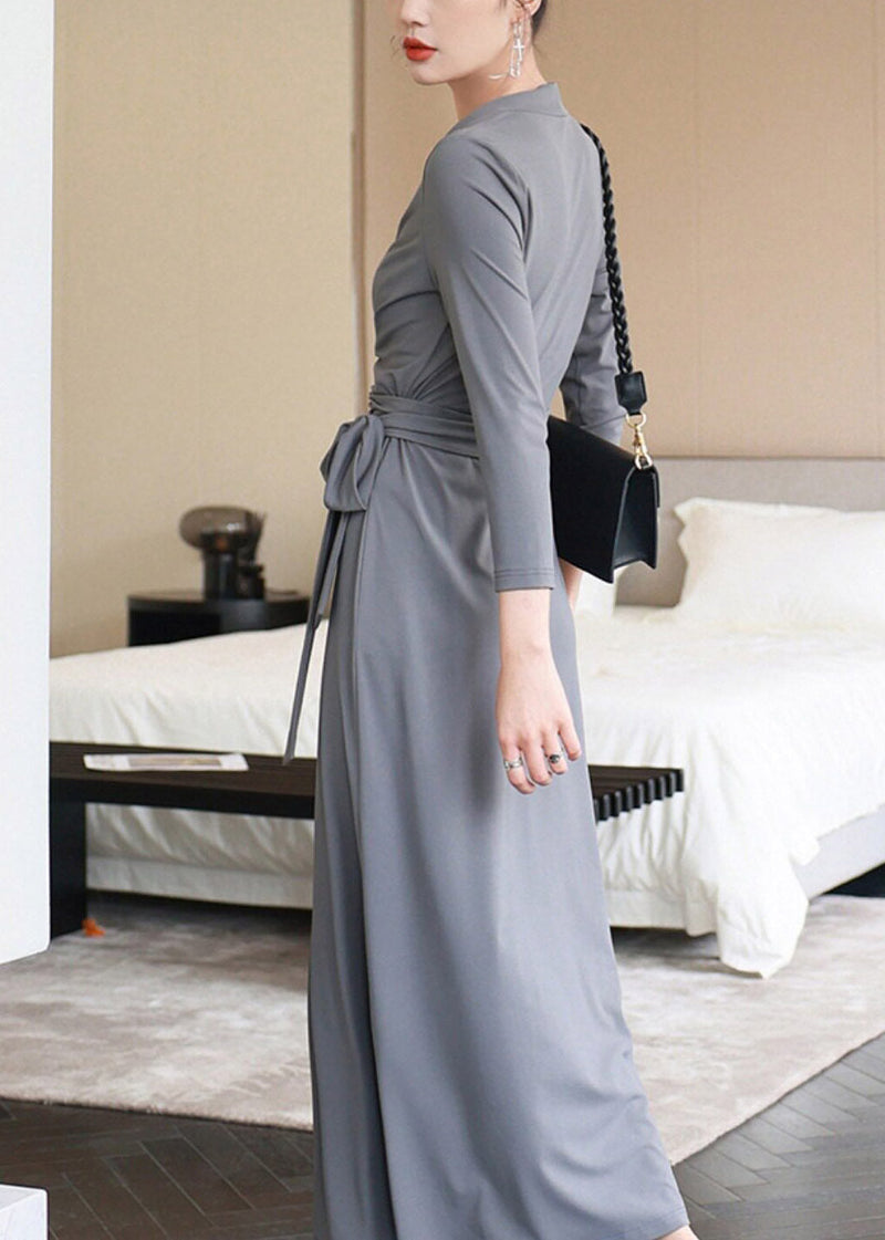 Grey V Neck Holiday Long Dress Three Quarter Sleeve
