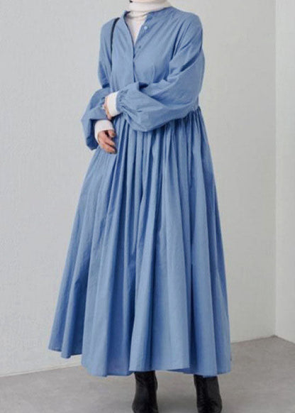 Grey Wrinkled Patchwork Cotton Dresses Lantern Sleeve