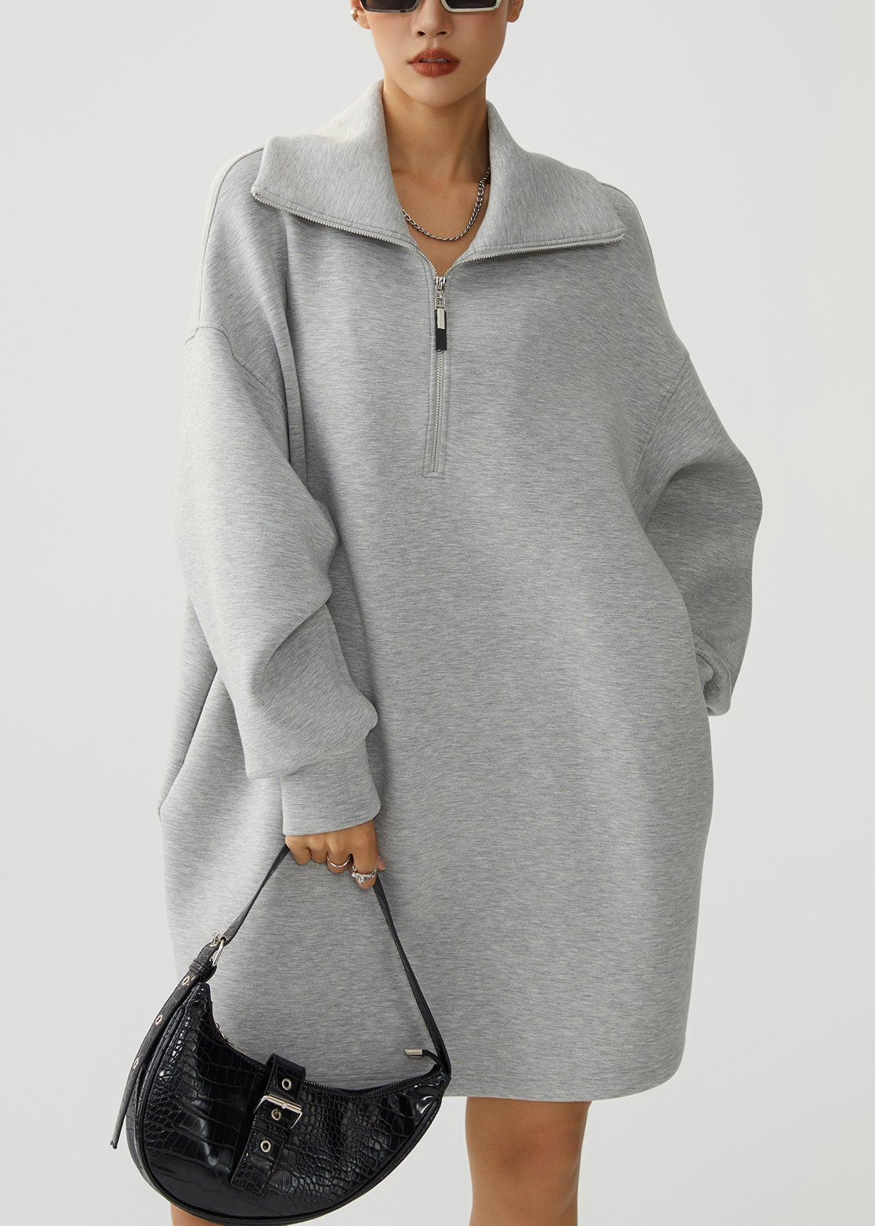 Grey Zip Up Pockets Warm Fleece Sweatshirt Dress Winter