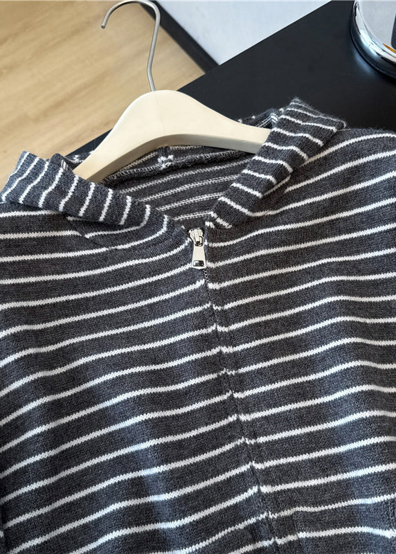Grey Zip Up Striped Hooded Knit Coats Spring