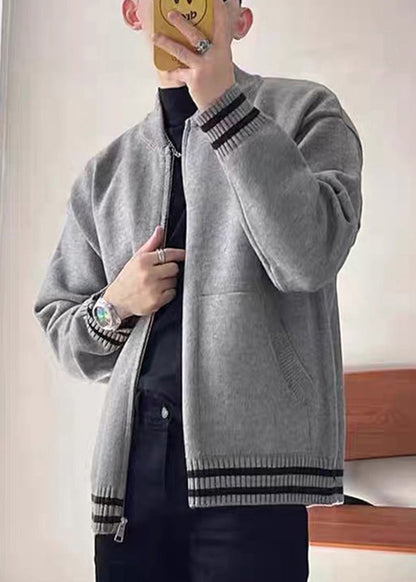 Grey Zip Up Striped Pockets Knit Coat Spring