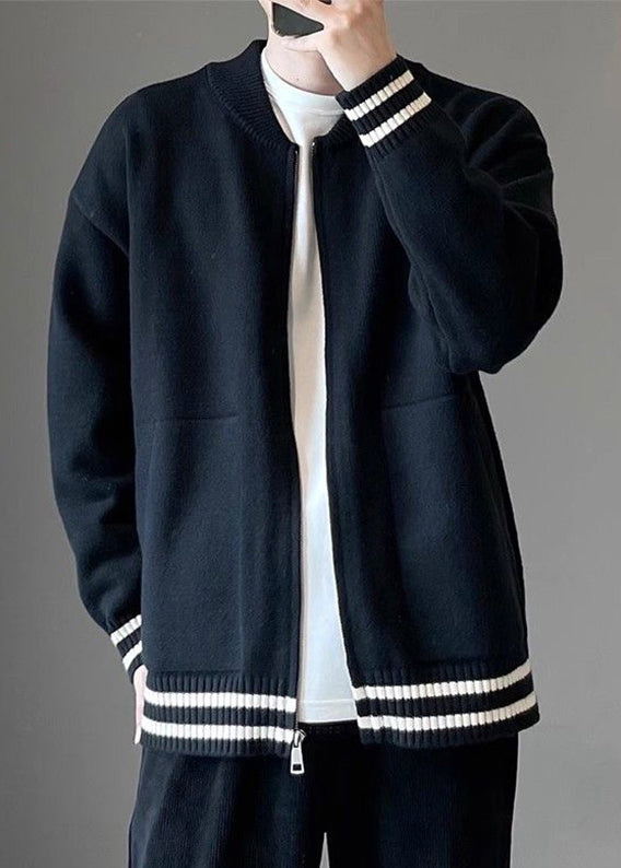 Grey Zip Up Striped Pockets Knit Coat Spring