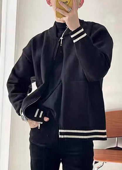 Grey Zip Up Striped Pockets Knit Coat Spring