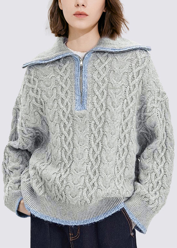 Grey Zippered Patchwork Thick Cotton Knit Sweaters Tops Fall