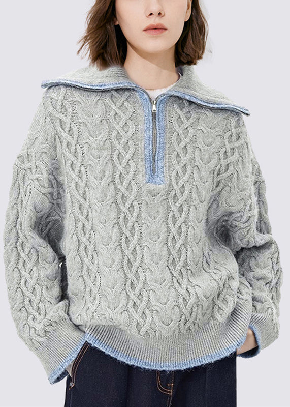Grey Zippered Patchwork Thick Cotton Knit Sweaters Tops Fall
