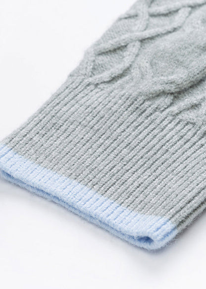 Grey Zippered Patchwork Thick Cotton Knit Sweaters Tops Fall