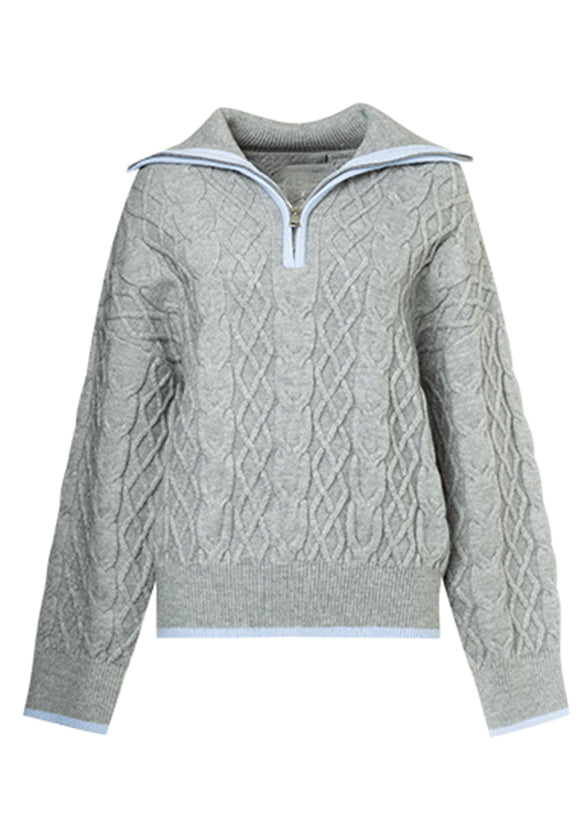 Grey Zippered Patchwork Thick Cotton Knit Sweaters Tops Fall