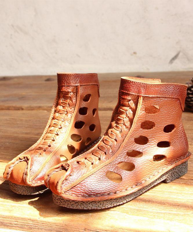 Hollow Out Boots Brown Cowhide Leather