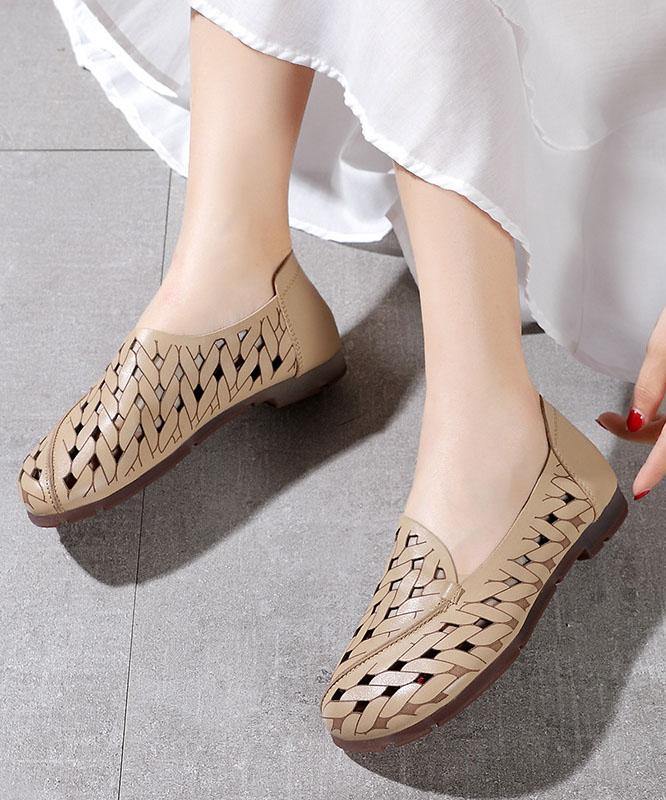 Hollow Out Flat Feet Shoes Khaki Cowhide Leather Embossed Flats Shoes