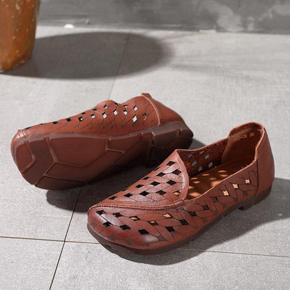 Hollow Out Flat Feet Shoes Khaki Cowhide Leather Embossed Flats Shoes