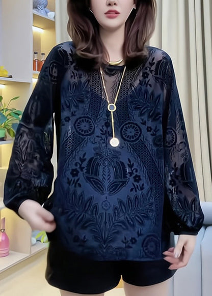 Casual Hollow Out Lace Shirt Black V Neck Spring