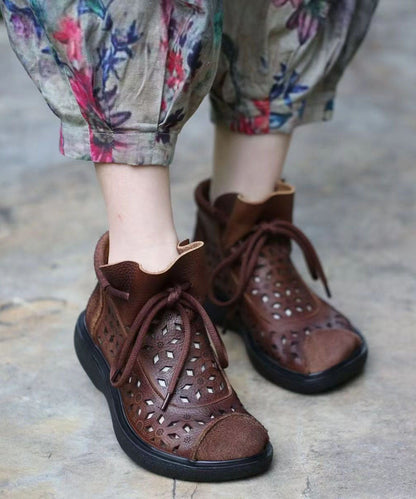 Hollow Out Lace Up Splicing Boots Brown Cowhide Leather