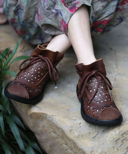 Hollow Out Lace Up Splicing Boots Brown Cowhide Leather