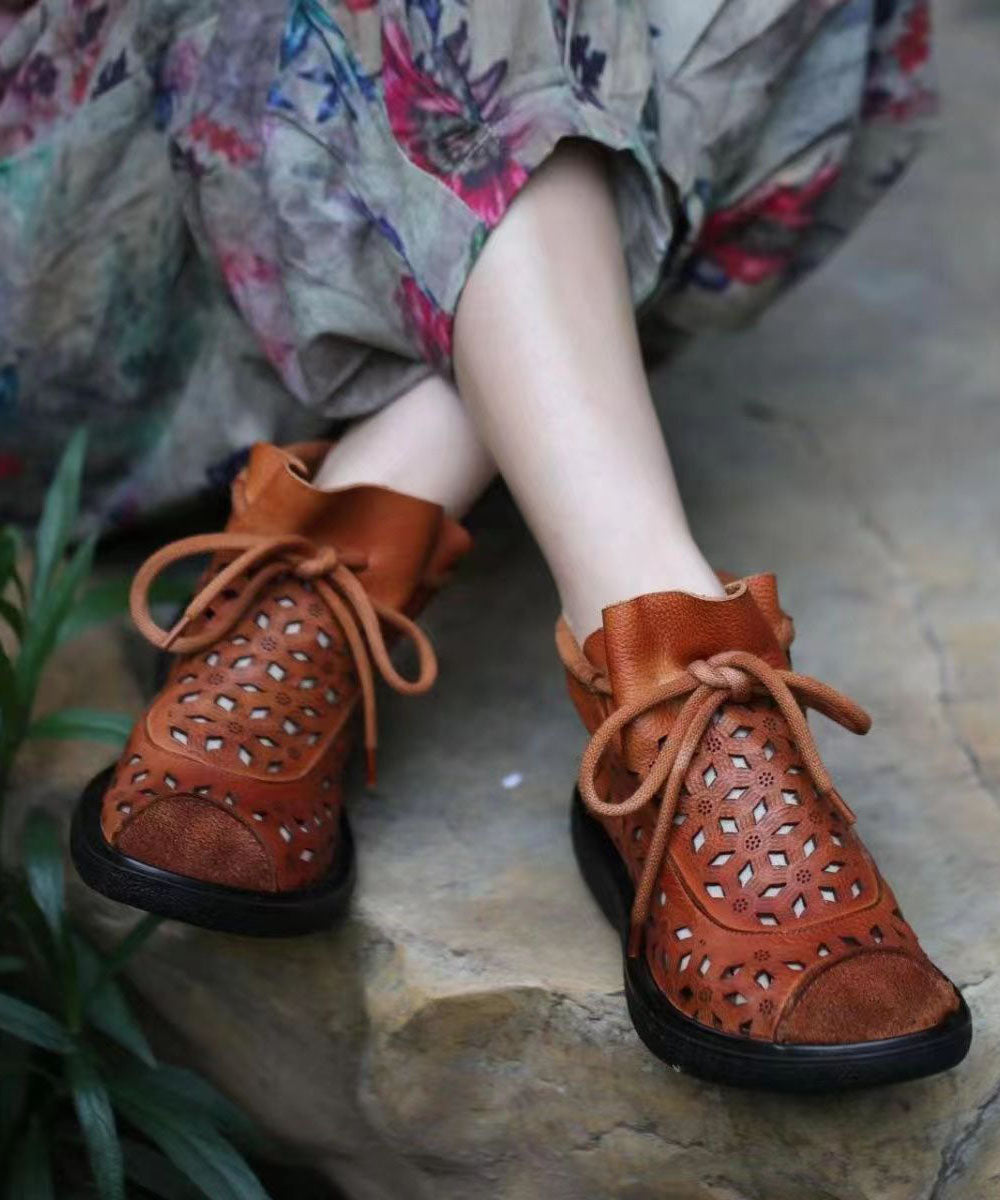 Hollow Out Lace Up Splicing Boots Brown Cowhide Leather