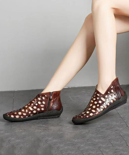 Hollow Out Splicing Wedge Boots Brown Cowhide Leather