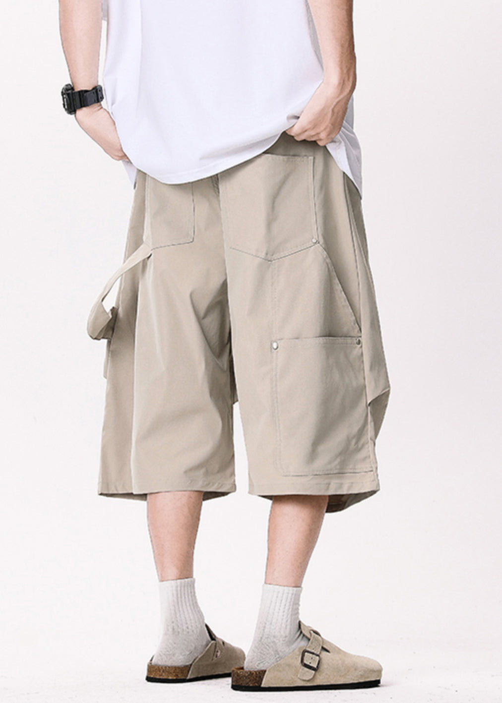 Khaki Asymmetrical Pockets Patchwork High Waist Pants