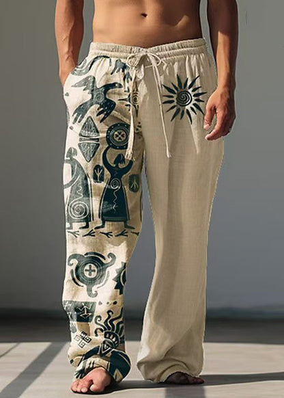 Khaki Asymmetrical Print Cotton Pants Summer