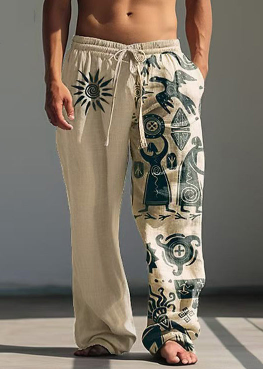 Khaki Asymmetrical Print Cotton Pants Summer