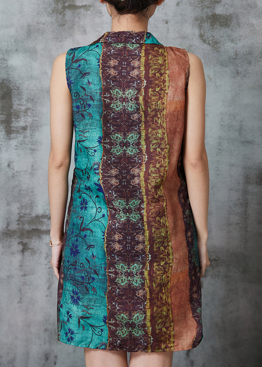 Khaki Asymmetrical Print Linen Mini Dresses Sleeveless