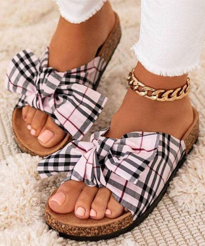 Khaki Beach Slide Sandals Splicing Bow Canvas
