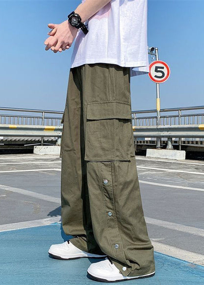 Khaki Button Pockets Cotton Pants Summer