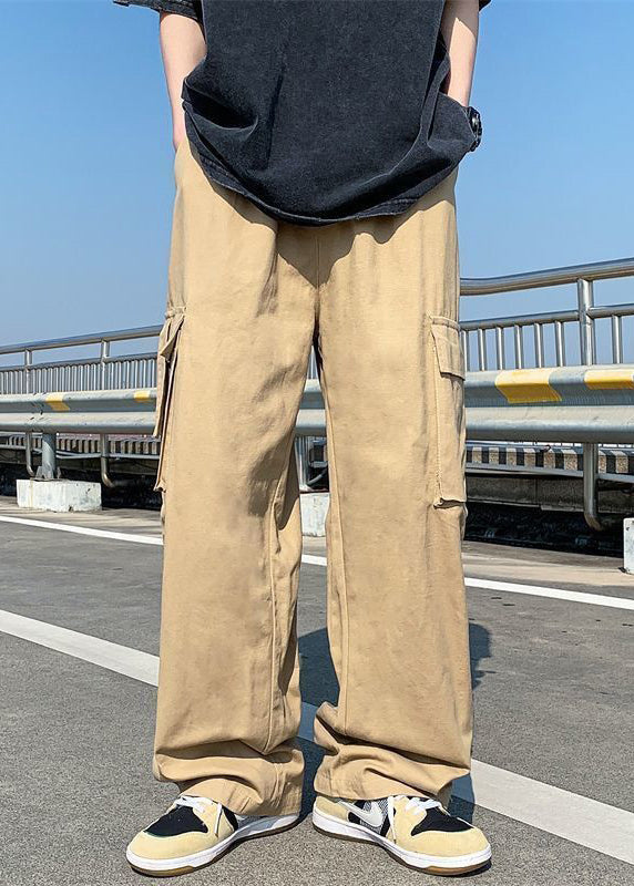 Khaki Button Pockets Cotton Pants Summer