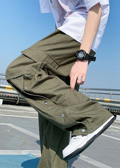 Khaki Button Pockets Cotton Pants Summer