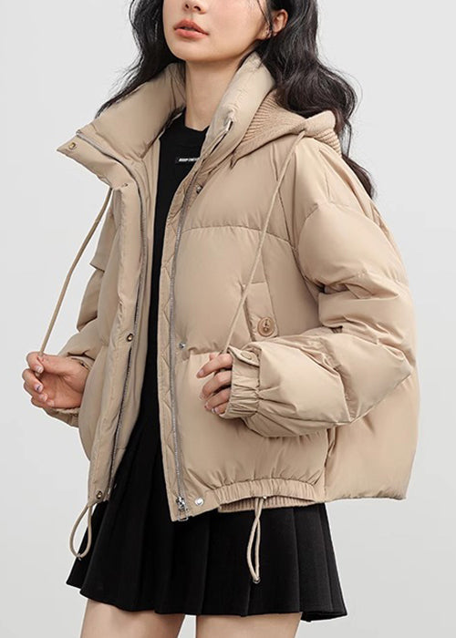 Khaki Button Pockets Drawstring Duck Down Puffer Coat