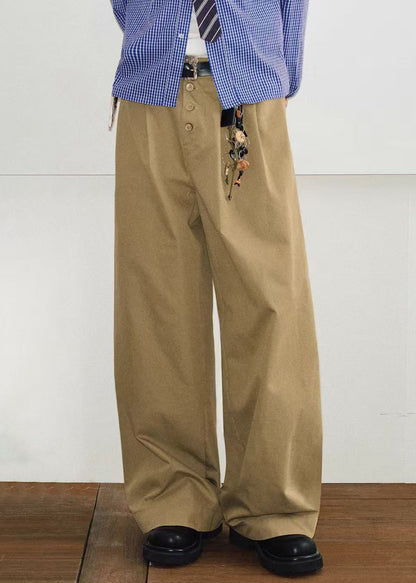 Khaki Button Pockets High Waist Cotton Pants Spring
