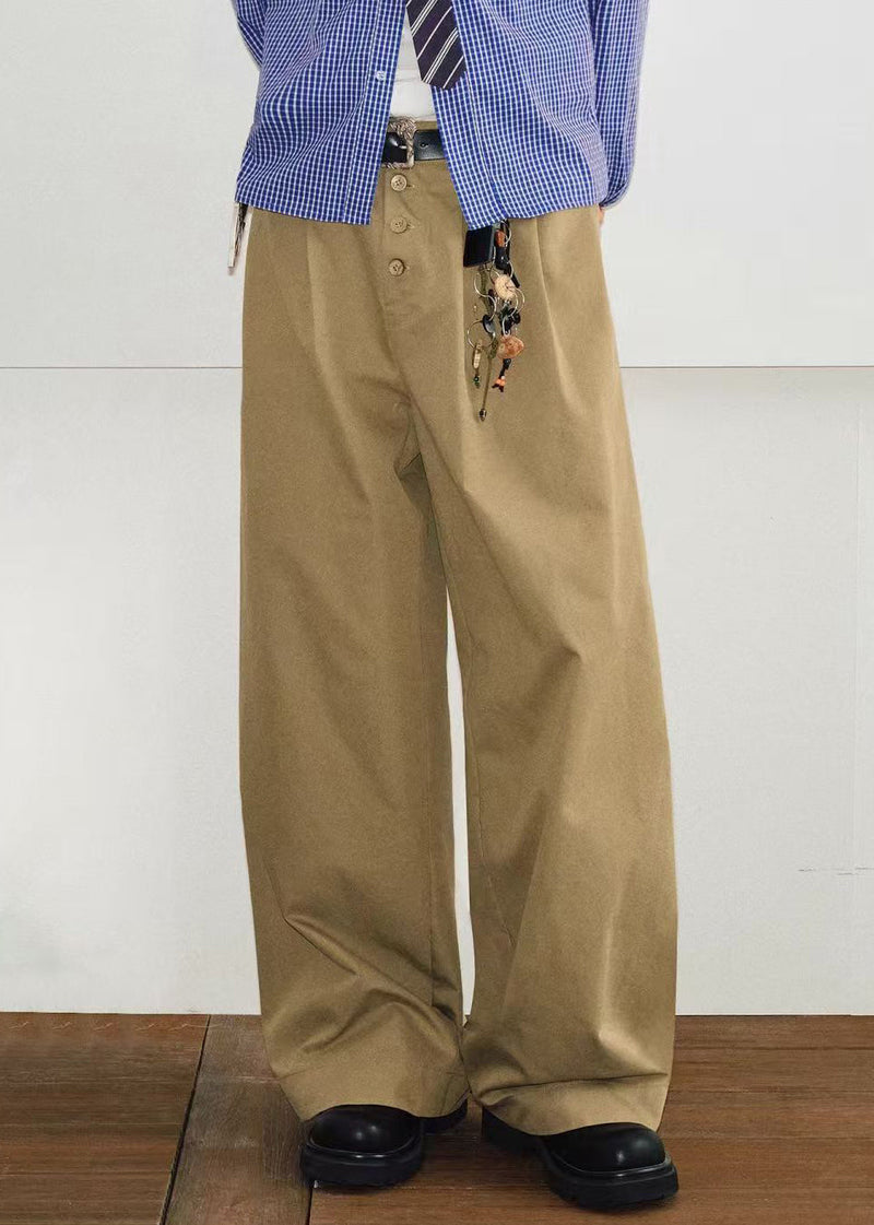 Khaki Button Pockets High Waist Cotton Pants Spring