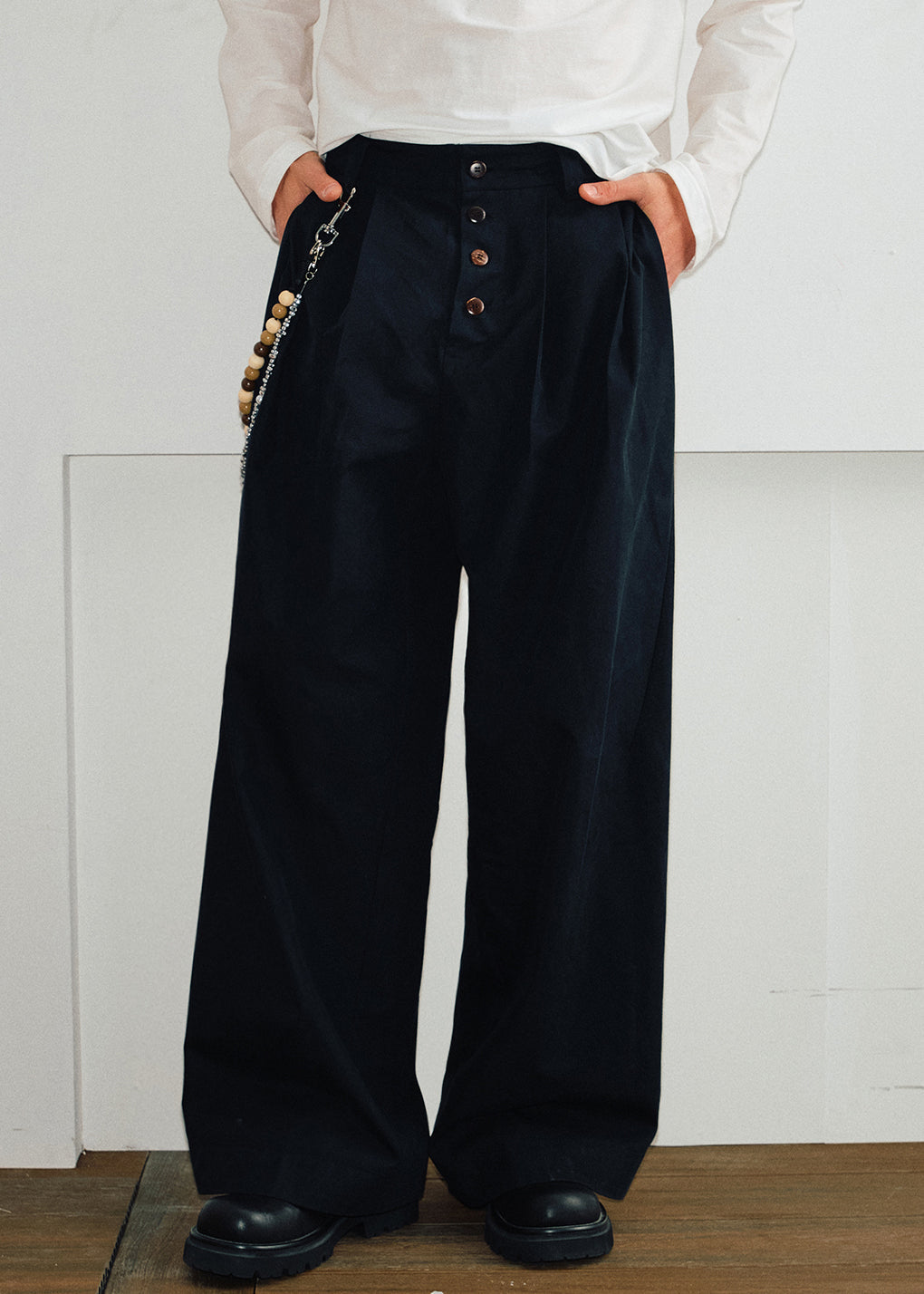 Khaki Button Pockets High Waist Cotton Pants Spring