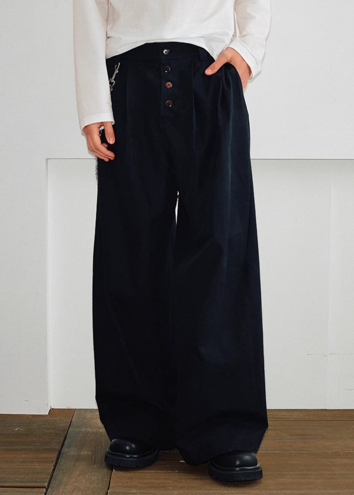 Khaki Button Pockets High Waist Cotton Pants Spring