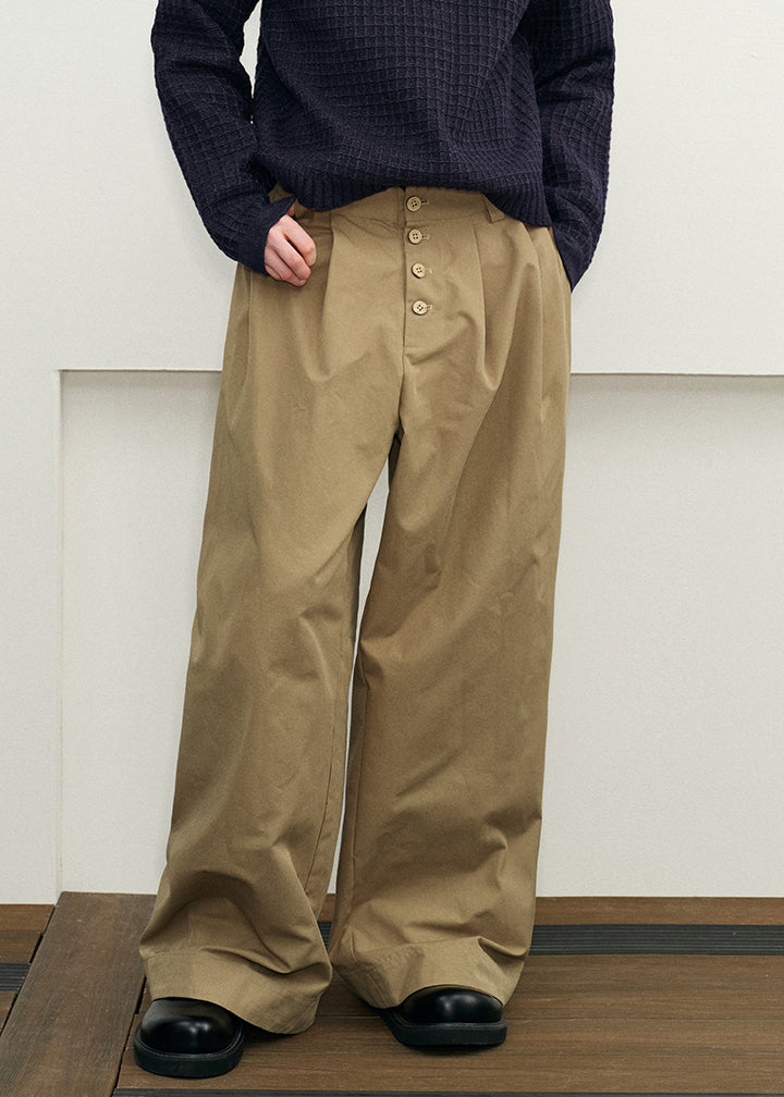 Khaki Button Pockets High Waist Cotton Pants Spring