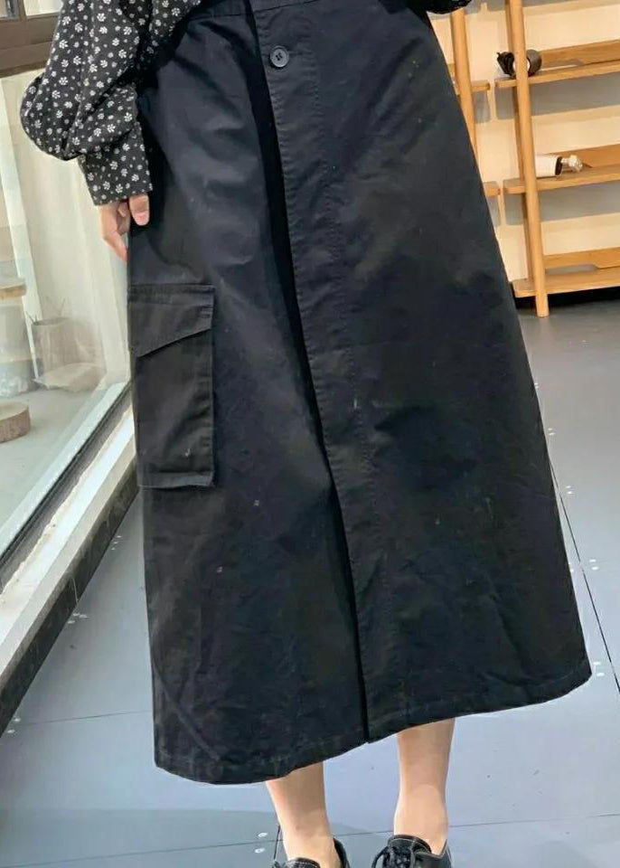Khaki Button Pockets Patchwork Cotton Skirt Fall