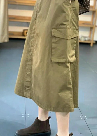 Khaki Button Pockets Patchwork Cotton Skirt Fall