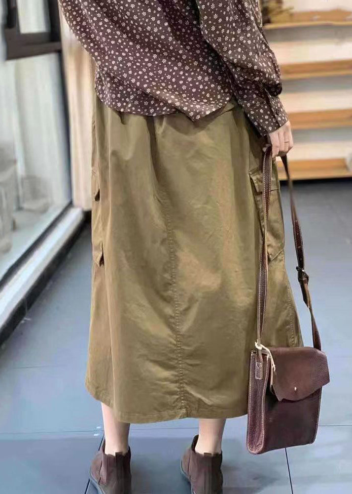 Khaki Button Pockets Patchwork Cotton Skirt Fall